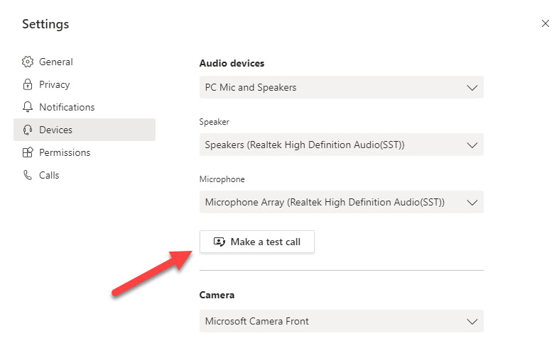 The test call option in Teams settings