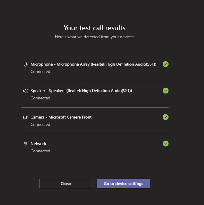 The results of a Teams test call